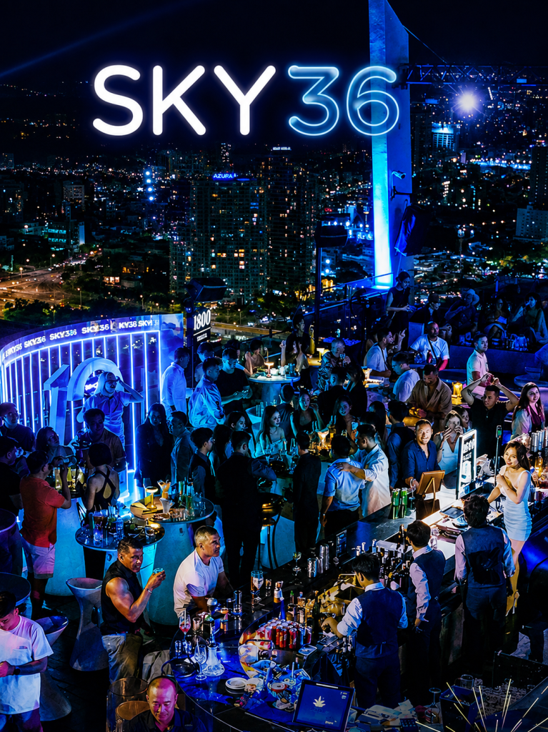A packed night at Sky36 rooftop bar in Da Nang, with the city lights and Han River below