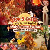 Collage of Mid-Autumn Festival lantern decorations at Da Nang cafés with the text "Top 5 Cafes with the most beautiful Mid-Autumn Festival decorations in Da Nang"