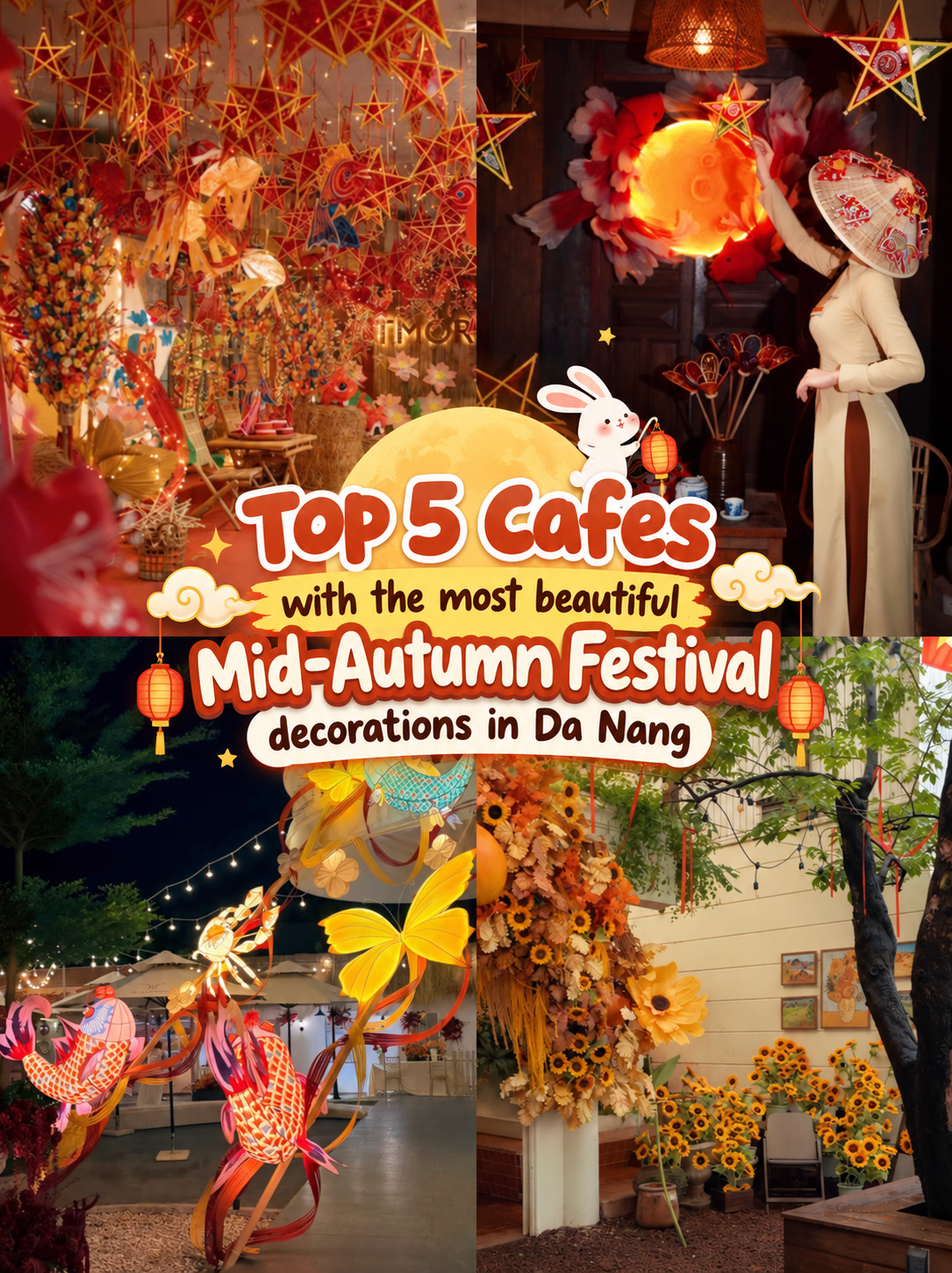 Collage of Mid-Autumn Festival lantern decorations at Da Nang cafés with the text "Top 5 Cafes with the most beautiful Mid-Autumn Festival decorations in Da Nang"