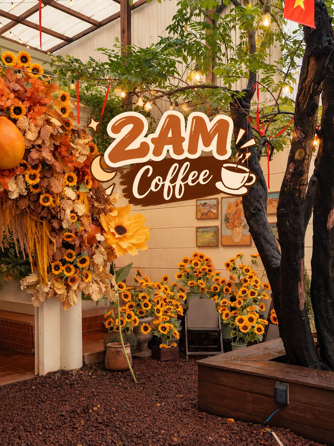 Sunflowers, autumn leaves and Van Gogh-style prints in the garden of 2AM Coffee, Da Nang, decorated for autumn