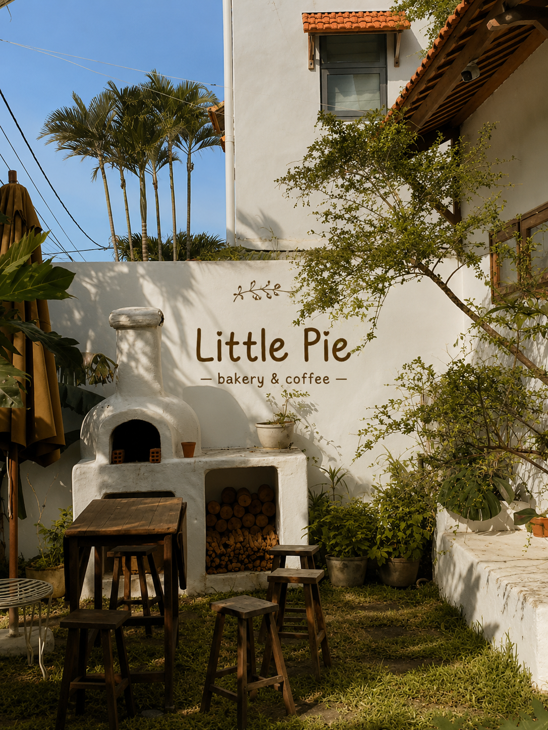 Little Pie bakery and coffee in Hoi An, a white garden courtyard with a wood-fired oven and wooden stools