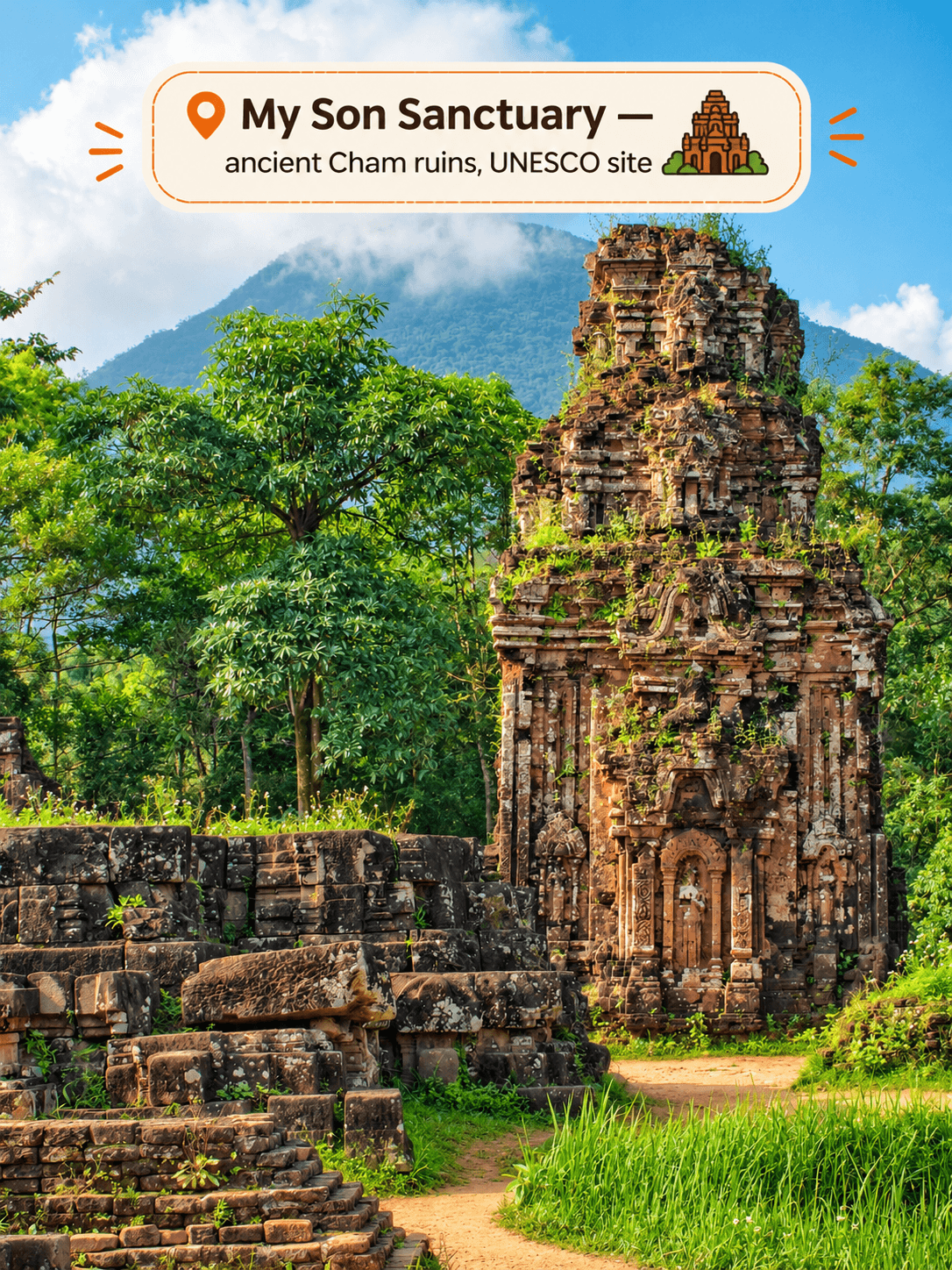 Ancient Cham brick temple tower at My Son Sanctuary near Hoi An, surrounded by jungle with a mountain behind
