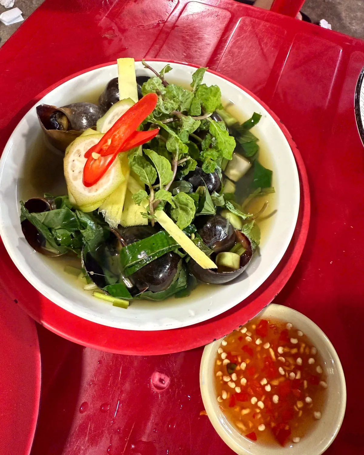 Apple snails in a light broth with fresh herbs and sliced chili, served with chili fish-sauce dip at a Da Nang street stall