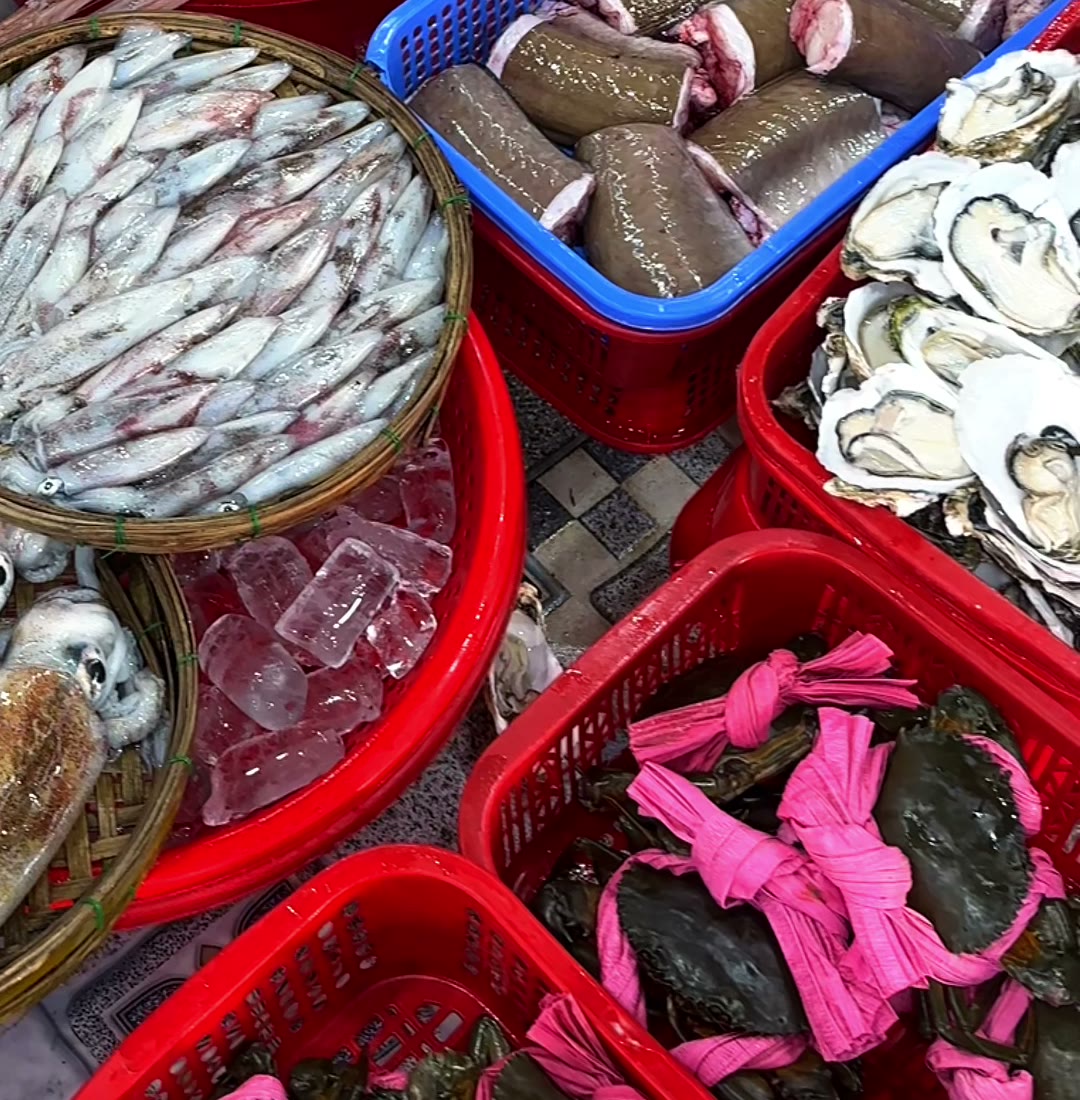 Baskets of fresh squid, oysters and crabs to choose from at Bé Yến seafood restaurant, Da Nang