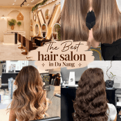 Collage of Da Nang hair salons: a modern salon interior and long hair results with balayage and soft brown waves