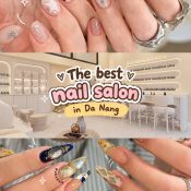 Collage of the best nail salons in Da Nang: a bright nail salon interior and jewel-style and polka-dot nail art