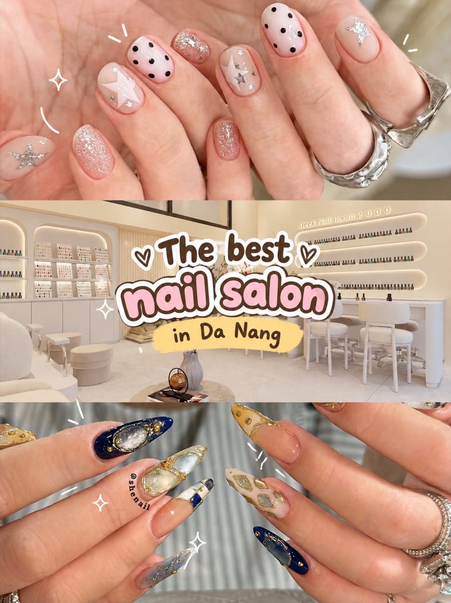 Collage of the best nail salons in Da Nang: a bright nail salon interior and jewel-style and polka-dot nail art