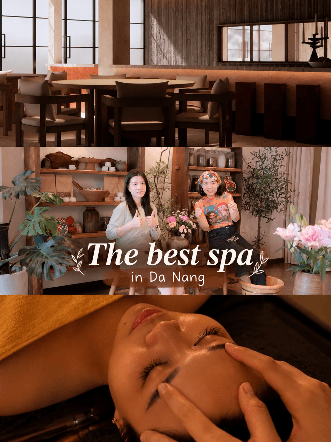 Collage of Da Nang spas: a calm spa lounge, two friends enjoying a herbal foot soak, and a relaxing head massage