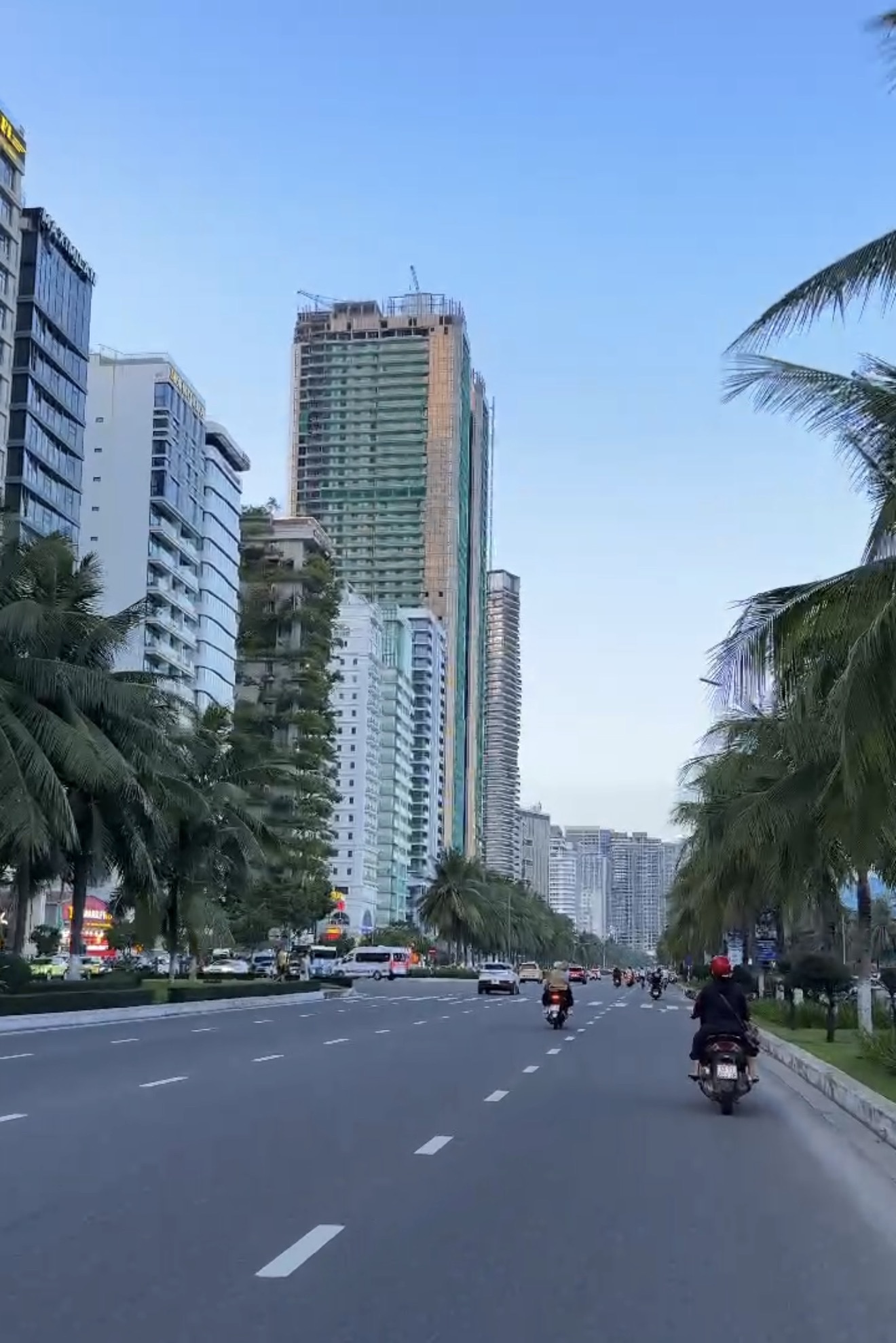 Hotels and apartment towers lining the beachfront road in Da Nang, Vietnam