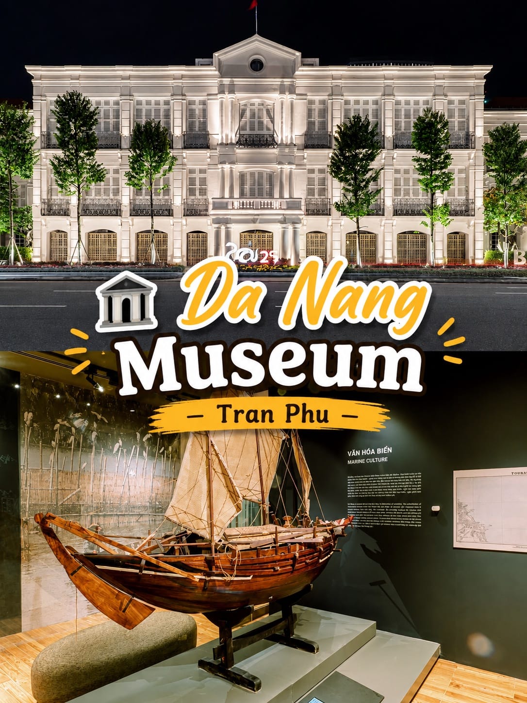 Da Nang Museum on Tran Phu street at night and its marine culture boat exhibit