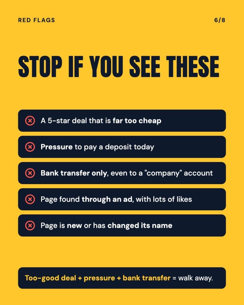 Checklist of hotel booking scam red flags in Vietnam: too-cheap deal, pressure to pay today, bank transfer only, page found through ads, new or renamed page
