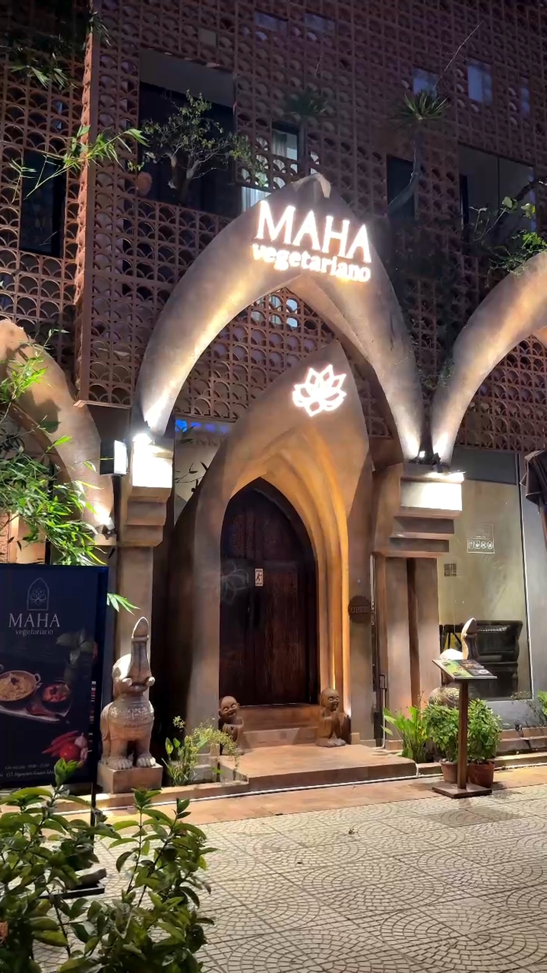 Lit Cham-style arches and MAHA Vegetariano sign at the entrance, 02 Nguyễn Xuân Khoát, Da Nang