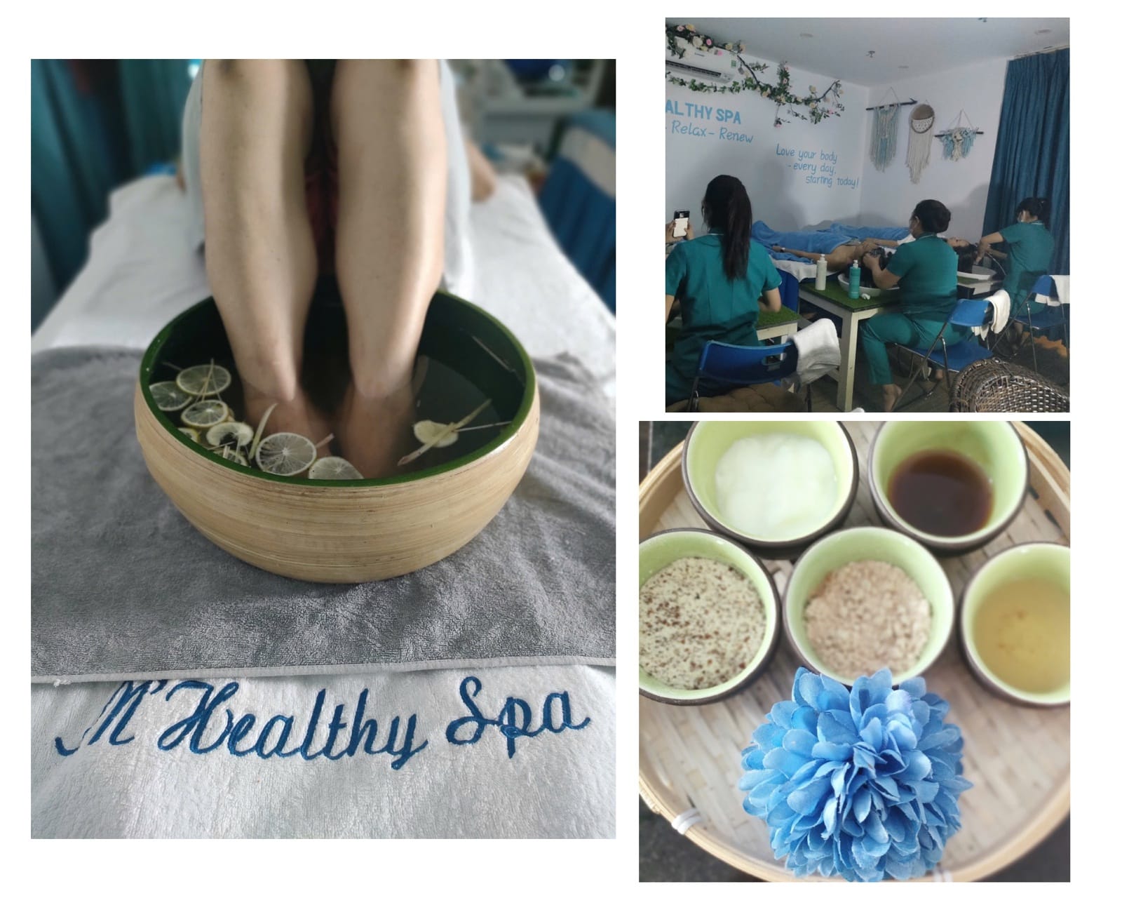 A herbal foot soak with lemon slices on an M'Healthy Spa towel, the spa's treatment room and bowls of natural scrub ingredients