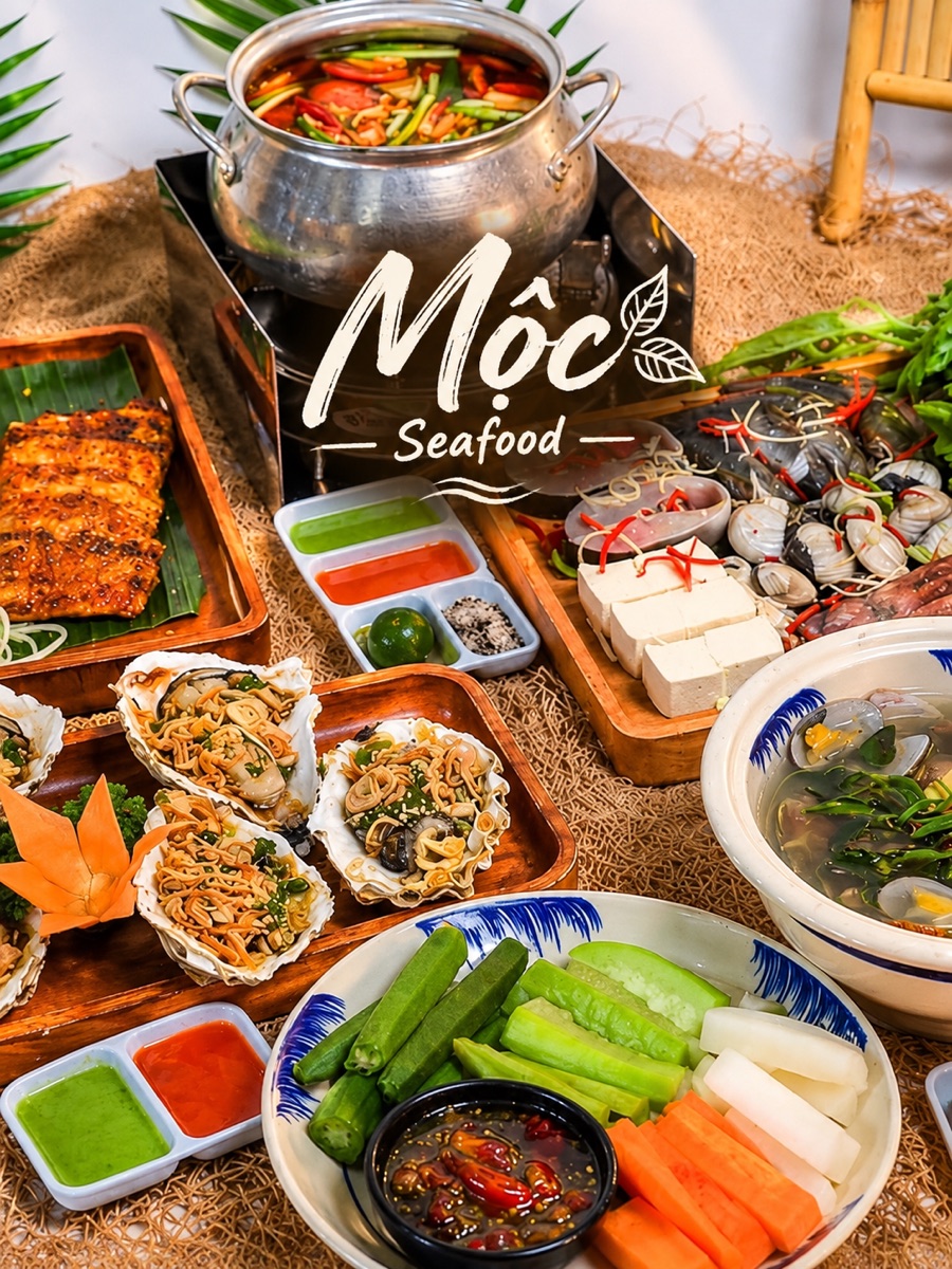 Seafood hot pot, grilled oysters and fresh vegetables at MỘC Quán Seafood in Da Nang