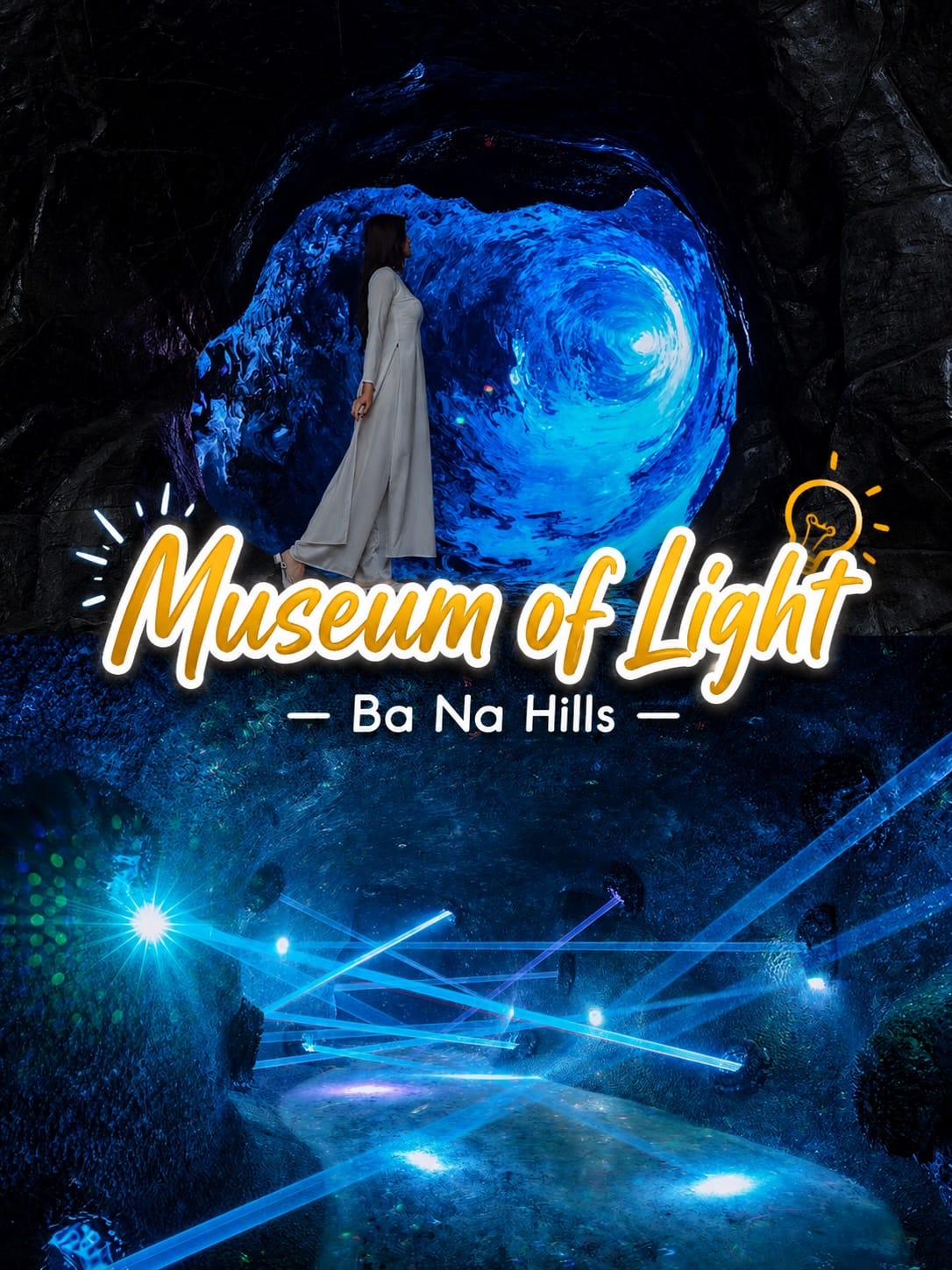 Museum of Light (Lumiere Light Art) at Ba Na Hills – woman in ao dai in a glowing blue light tunnel