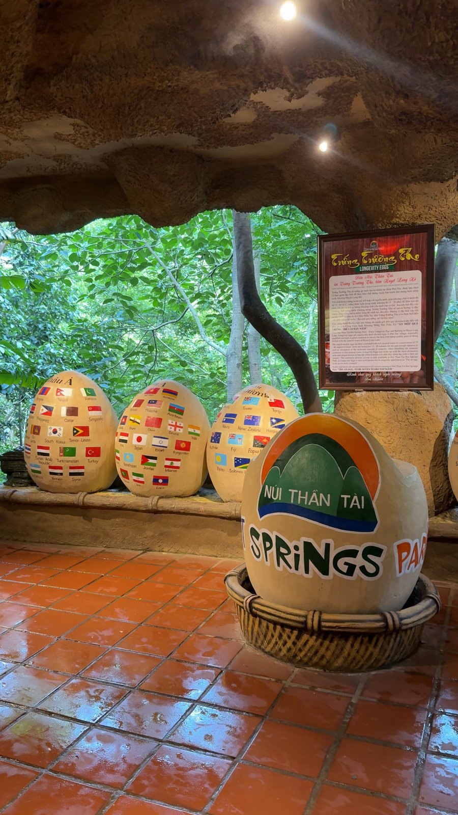 Egg-boiling cave with giant decorative eggs at Núi Thần Tài Hot Springs Park