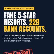Scam alert graphic: fake 5-star resorts in Phu Quoc, 229 bank accounts and over 6,000 billion VND, 10 people charged by An Giang police