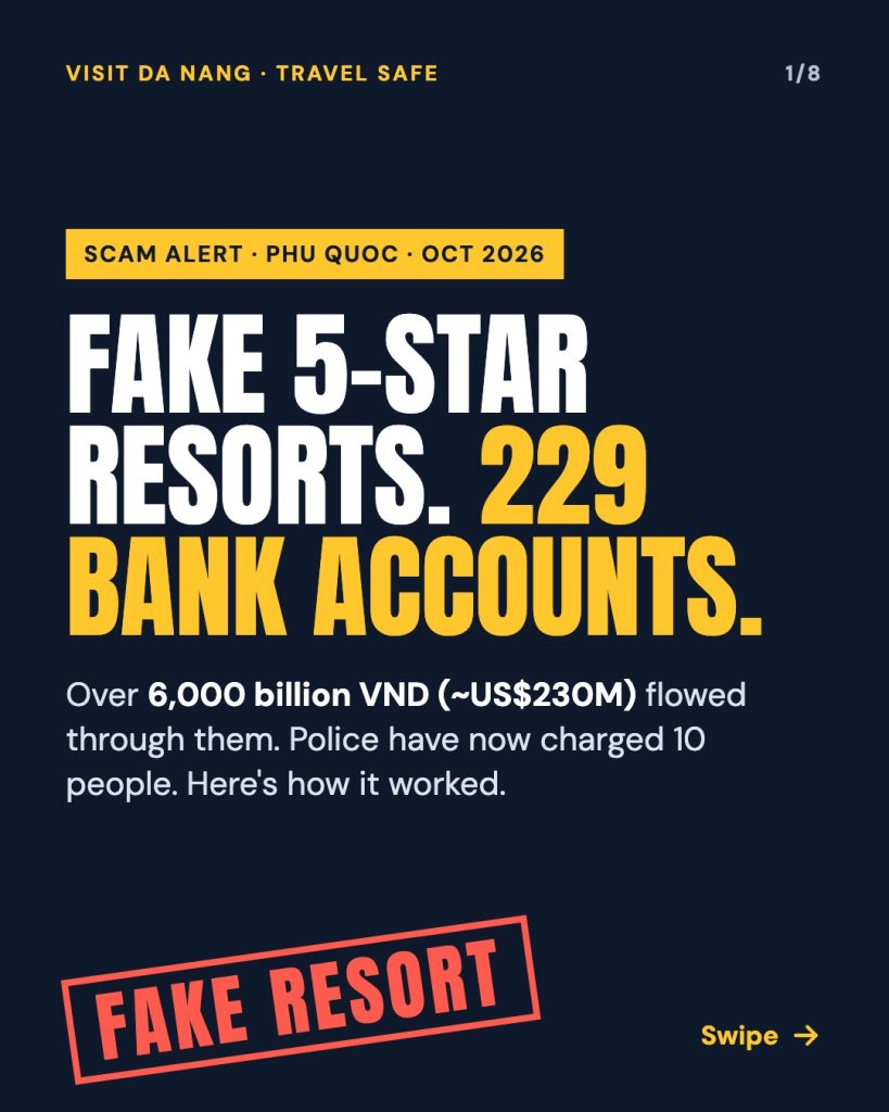 Scam alert graphic: fake 5-star resorts in Phu Quoc, 229 bank accounts and over 6,000 billion VND, 10 people charged by An Giang police